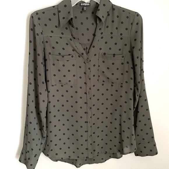 Express Olive & Black Polka Dot Blouse - Picture 1 of 8